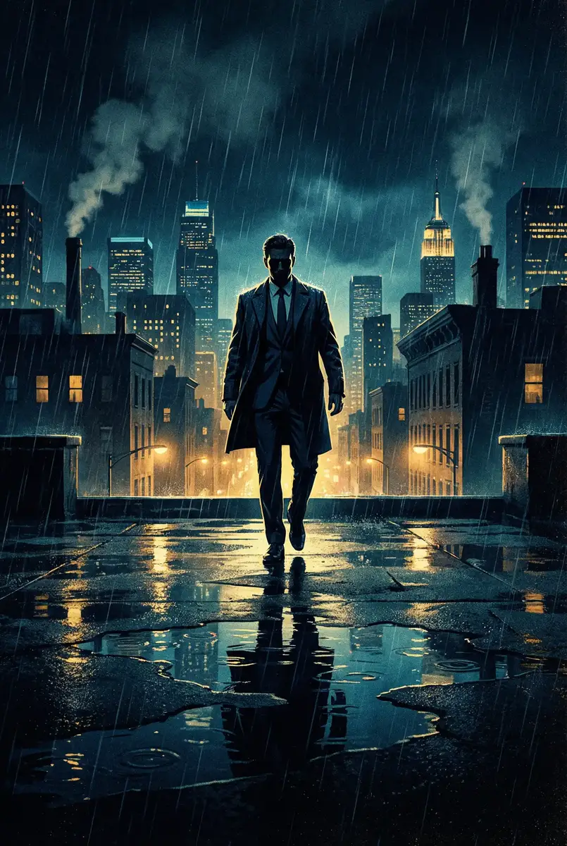 japonensisJAVABD 出品影片《雨夜独行者》海报，雨中城市屋顶男性剪影